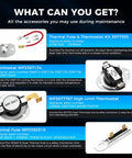 Infographic showing thermal fuses, thermostats, and parts for dryer maintenance with product numbers and descriptions.
