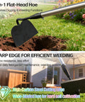 Heavy Duty Draw Hoe For Weeding And Tilling, 66 Inch Long Handle Garden Tool with sharp blade digging into soil