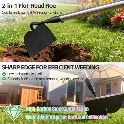 Heavy Duty Draw Hoe For Weeding And Tilling, 66 Inch Long Handle Garden Tool with sharp blade digging into soil