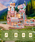 Candy Workshop 3D Wooden Puzzle Kit for Adults with touch control for music, lights, and motion in a miniature house scene.