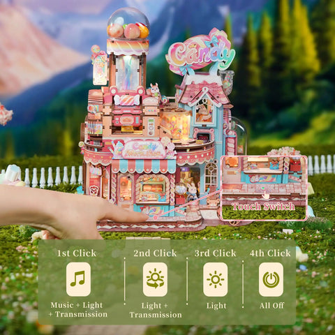 Candy Workshop 3D Wooden Puzzle Kit for Adults with touch control for music, lights, and motion in a miniature house scene.