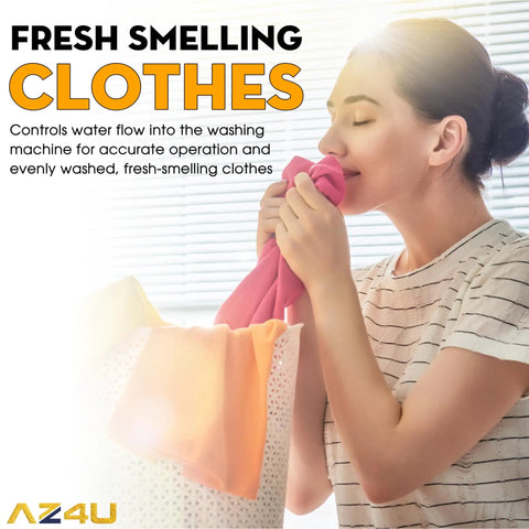 Woman enjoying fresh-smelling clothes, highlighting Washer Water Inlet Valve Replacement 120 V 60 Hz For Top Load Washers function.