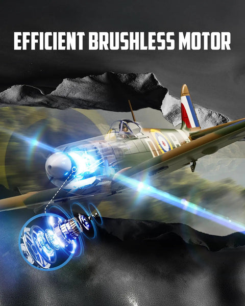 Brushless RC Plane With 4 Channel Remote Spitfire Fighter RTF Gyro Stabilizer shown flying with efficient brushless motor highlight