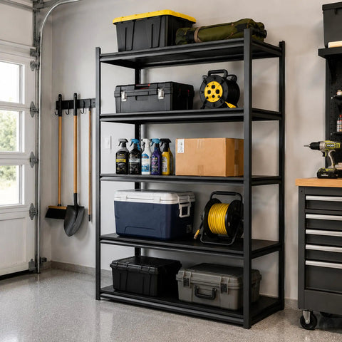 Heavy Duty 48 Inch Wide Garage Shelving Unit With 5 Tiers, Sturdy Metal Storage Shelves For Tools And Gear, Extra Large Steel Rack System For Easy Organization And Durable Garage Setup in garage