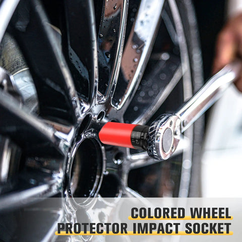 1/2 Inch Drive Wheel Protector Impact Socket Set Non Marring Thin Wall Deep Sockets Cr-Mo 6 Point in use on tire