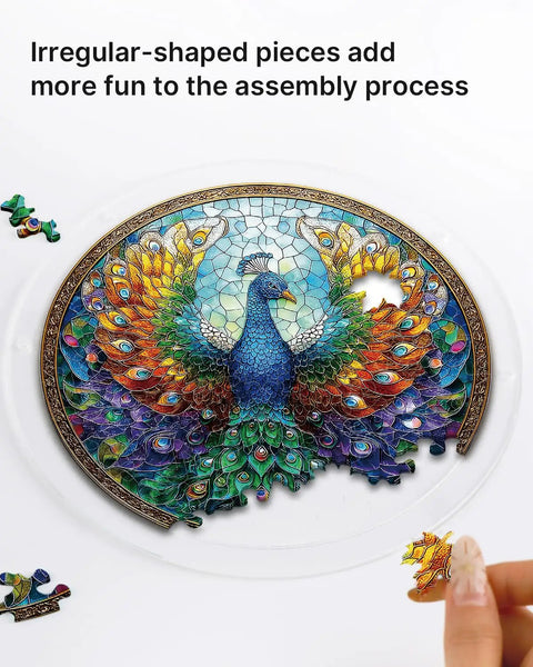 Close-up of the Acrylic Suncatcher Puzzle Kit With Double Sided Peacock Radiance UV Printed Sun Catcher, hand assembling
