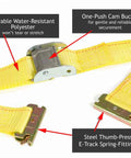 Close-up of a yellow cam buckle strap from Heavy Duty Trailer Tie Down Kit with thumb-press E-Track fittings and water-resistant polyester.