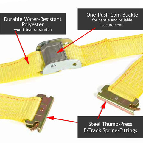 Close-up of a yellow cam buckle strap from Heavy Duty Trailer Tie Down Kit with thumb-press E-Track fittings and water-resistant polyester.