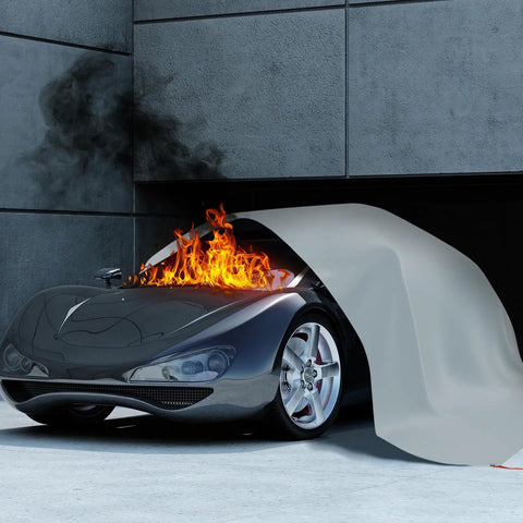 Car Fire Blanket 20ft By 30ft Large Fireproof Cover For Electric And Gas Vehicle Accidents in use, covering a burning car.