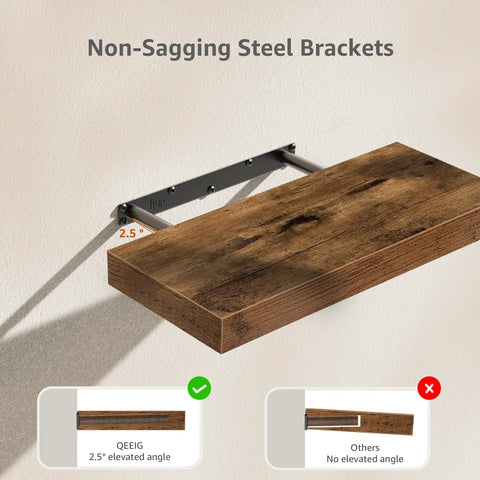 Rustic Farmhouse Bathroom Floating Shelves Over Toilet Set Of 2 showing MDF shelf with steel brackets and 2.5° elevated angle