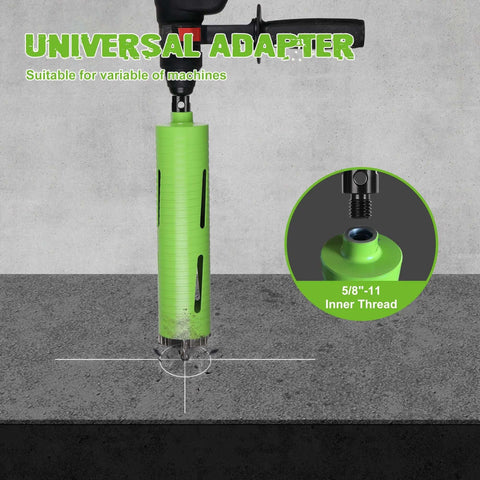 Front view of green dry-core diamond drill with universal adapter and 5/8-11 inner thread for concrete drilling.