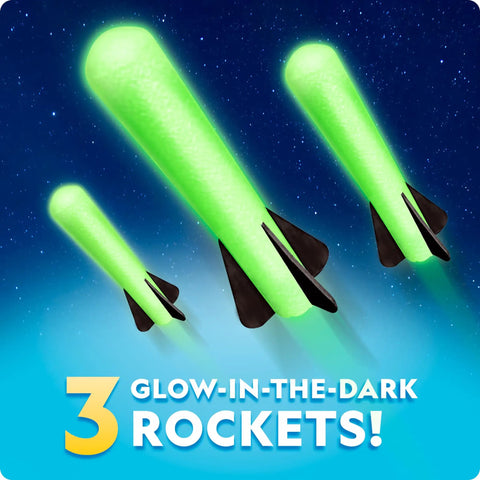Three glow-in-the-dark foam rockets from the Air Rocket Launcher Kit With Glow In The Dark Foam Rockets Up To 100 Feet Kid Powered Outdoor STEM Toy