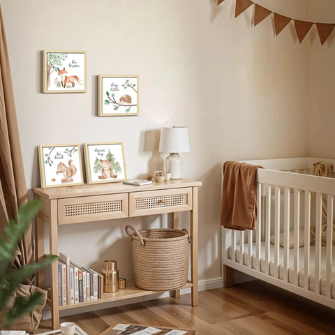 Framed Woodland Nursery Wall Art 4 Pack Cute Forest Animals Prints for Baby Kids Bedroom and Playroom Gallery Wall Set, 10x10 Inch Artwork Featuring Be Brave, Stay Little, Be Kind, Dream Big in a nursery with crib and decor.