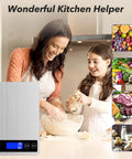 Mother and daughter baking beside 33Lb Kitchen Digital Scale With Pro Grade Precision, 1g 0.05oz, USB Rechargeable, Stainless Steel