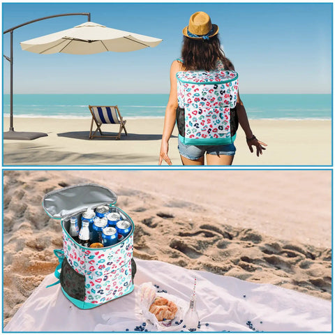 Woman at beach with 30 Can Insulated Cooler Backpack For Travel And Outdoor Adventures With Leak Proof Soft Sided Design, 15L inside view with cans.