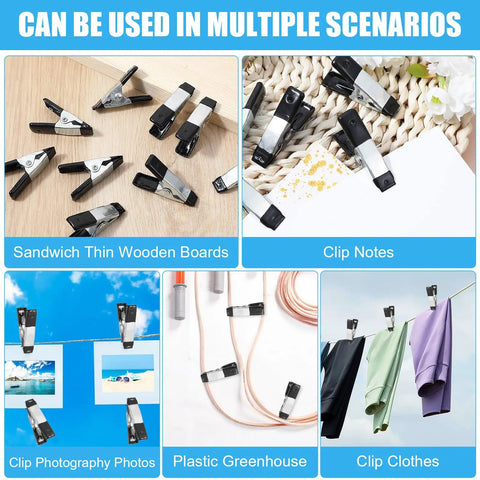 20 Pack Small Clamps For Garden And Crafts, Mini Heavy Duty Spring Clamps with multiple uses shown including clothes and notes clipping
