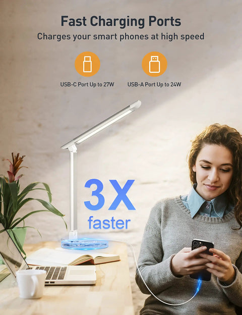Woman using phone beside dimmable desk lamp with USB charging ports, 10 brightness levels and 5 color temperature in home office.