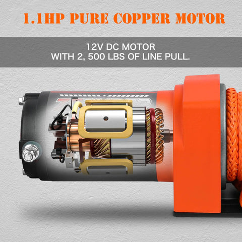 Heavy Duty 2500 lb Electric Winch 12V DC With 30ft Synthetic Rope For UTV ATV Boat Recovery Kit Quick Mount Plate And Hardware 153 To 1 Gear Ratio High Efficiency Easy Install Emergency Extrication Ready, 12V motor cutaway