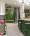 Advanced Silicone Kitchen And Bath Sealant In Almond Color For Easy DIY No Mess Caulking In kitchens And Bathrooms Two Point Eight Ounce Tube Made In USA Durable Long Lasting Grout Line Edge Sealant image with bathroom scene featuring sink, shower, and green tiles.