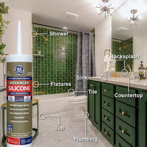 Advanced Silicone Kitchen And Bath Sealant In Almond Color For Easy DIY No Mess Caulking In kitchens And Bathrooms Two Point Eight Ounce Tube Made In USA Durable Long Lasting Grout Line Edge Sealant image with bathroom scene featuring sink, shower, and green tiles.