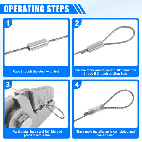 Operating steps for Heavy Duty Fishing Crimping Pliers Kit with 500 Pcs Crimp Sleeves in use on steel wire.