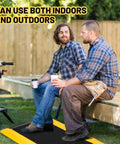 Two men sitting on a Heavy Duty Anti Fatigue Floor Mat 2x3 Ft Diamond Plate Vinyl Non Slip Ergonomic Standing Pad for Workshop Black With Yellow Border Seven Eighths Inch Thick Sponge Cushion Comfort outdoors with tools.