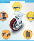 Built Tough Shop Grade Industrial Caster Wheels With Non Marking Polyurethane Tires Top Lock Brake Reinforced Extra Strong Steel Mount Plates, 6 inch maroon wheel.
