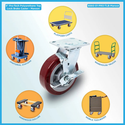Built Tough Shop Grade Industrial Caster Wheels With Non Marking Polyurethane Tires Top Lock Brake Reinforced Extra Strong Steel Mount Plates, 6 inch maroon wheel.