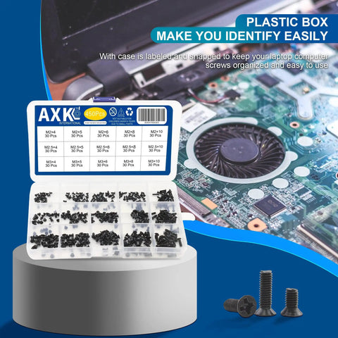 450 Piece Mini Screw Kit For Laptop And Computer Repair Featuring M2 M2.5 And M3 Countersunk Flat Head Phillips Fasteners in labeled plastic organizer.
