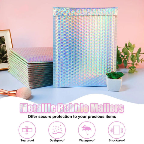 50 Pack Holographic Bubble Mailers Self Seal Waterproof Poly Padded Envelopes 5.9 x 9.6 Inches, stack in colorful setting