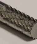 Close-up view of ATZ10003 Quarter Inch SA1 Cylinder Bur Double Cut Solid Carbide showing precision cutting edges for metalwork.