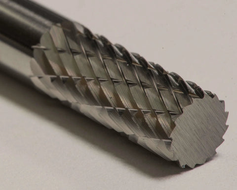 Close-up view of ATZ10003 Quarter Inch SA1 Cylinder Bur Double Cut Solid Carbide showing precision cutting edges for metalwork.