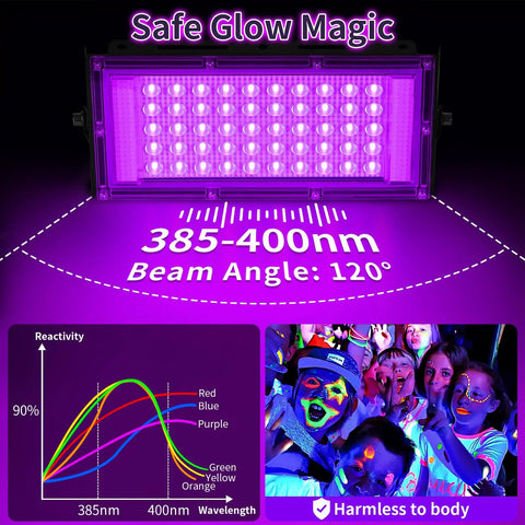 50W LED Black Lights With Switch And Plug Two Pack IP66 Waterproof For Indoor And Outdoor Glow Creates Realistic Fluorescent Effects With 385 To 400 Nanometer Light Party Ready Glow For Parties Venues And Home Rooms Up To 10x10 Feet., 50W black light panel with 50 LEDs