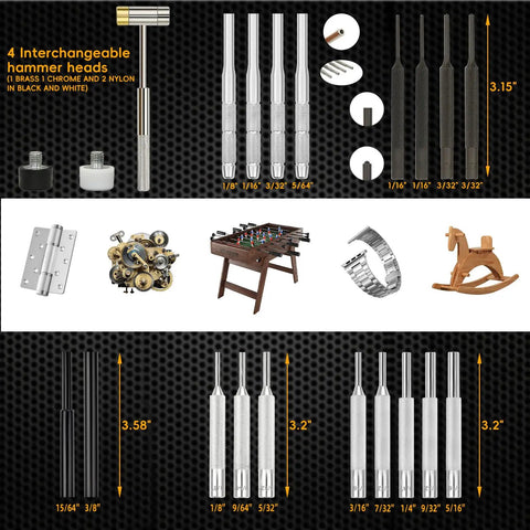 Non Slip Bench Block Kit With Universal Gun Block And Pro Pin Punch Set, showing interchangeable hammer heads in chrome vanadium steel.