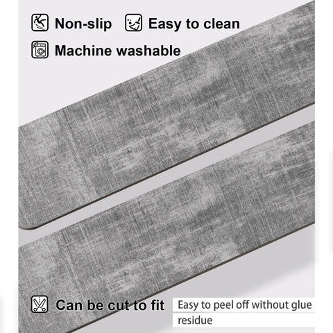 Image of two grey textured non-slip stair treads for wooden steps indoor carpet with rubber backing 15 pack 8x30 inches.