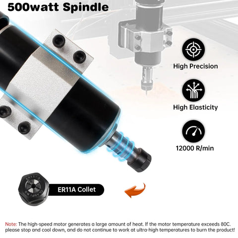 Beefy 500W Spindle Motor For CNC Router, Air Cooled ER11, 12-100VDC, 0.5NM Torque, 12000RPM, high precision specs