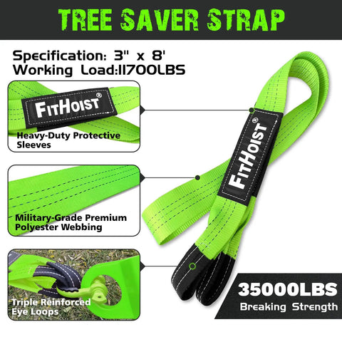 Offroad Recovery Kit With Snatch Block Pulley Ten Ton, Tree Saver Strap Three Inch By Eight Foot, And D Ring Shackles Three Quarter Inch, Winch Accessories For Cars, Trucks, SUVs, And ATVs, Heavy Duty Steel Gear For Rugged Trails; green 3 x 8 ft strap