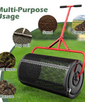24 Inch Compost And Peat Moss Spreader For Lawn With Adjustable T Shaped Handle Upgraded Side Clasps Durable Lightweight Metal Roller Delivers Uniform Spreading Diamond Mesh Design Black Finish displayed on grass with usage examples.