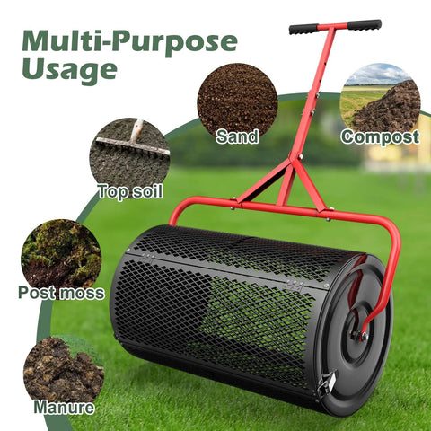 24 Inch Compost And Peat Moss Spreader For Lawn With Adjustable T Shaped Handle Upgraded Side Clasps Durable Lightweight Metal Roller Delivers Uniform Spreading Diamond Mesh Design Black Finish displayed on grass with usage examples.