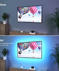 Comparison of TV with and without TV LED Backlight Kit With Remote And Bluetooth App Control For 60 To 70 Inch TVs, 4096 Color DIY LED Strip Lights, Dope Setup For Gaming And Home Decor, Music Sync, USB Powered, Timed On Off showcasing vibrant light enhancing room ambiance.