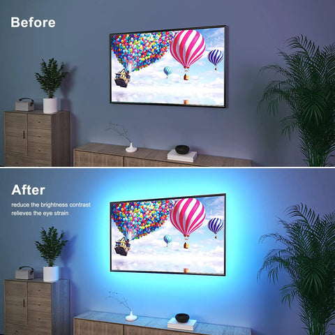 Comparison of TV with and without TV LED Backlight Kit With Remote And Bluetooth App Control For 60 To 70 Inch TVs, 4096 Color DIY LED Strip Lights, Dope Setup For Gaming And Home Decor, Music Sync, USB Powered, Timed On Off showcasing vibrant light enhancing room ambiance.
