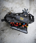 Top view of Heavy-Duty 30-Pocket Multi-Compartment Tool Carrier, 13-Inch, showcasing zippered side panel and quick-access pockets.