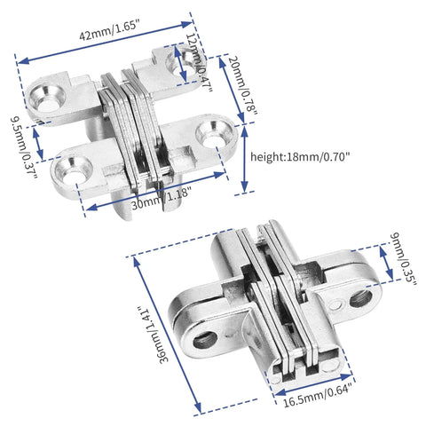 Six Packs Hidden Door Hinges Cross Style 180 Degree Concealed Hinges For Doors And Kitchen Cabinets In Tough Stainless Steel 0.47 Inch Wide By 1.65 Inch High with diagram measurements