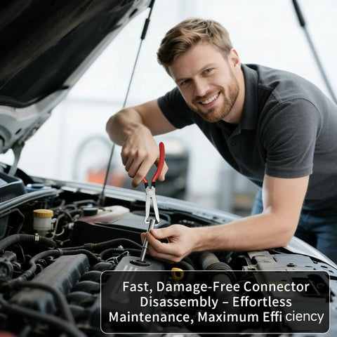 Person using 5 Piece Electrical Disconnect Pliers Kit With Gloves For Quick Release Auto Connector Tool on car engine