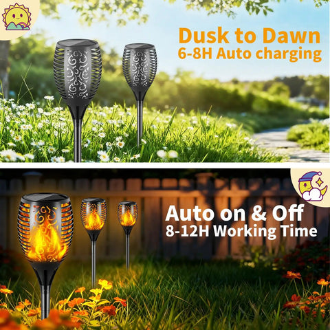 Outdoor Solar Torch Lights With 99 LEDs Realistic Dancing Flame Effect 43 Inch Tall Waterproof Pathway Lighting installed in yard