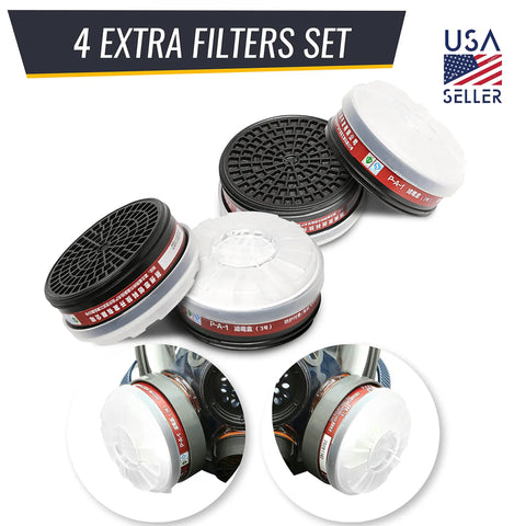 Replaceable Filter Cartridges Set For 80mm Full Face Masks, Dual Filters Pack with 4 carbon cartridges and 4 filter covers displayed
