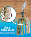 Weedless Bass Jig With Bladed Vibration Tech for Pike Walleye Muskie, features sharp hook and colorful skirt, secure catch.