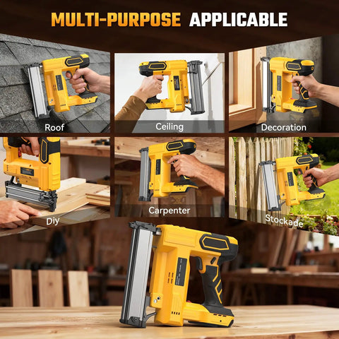 Heavy Duty Cordless 2 In 1 Nail Gun And Staple Gun For Quick Home Fixes shown in multi-purpose use for DIY projects.