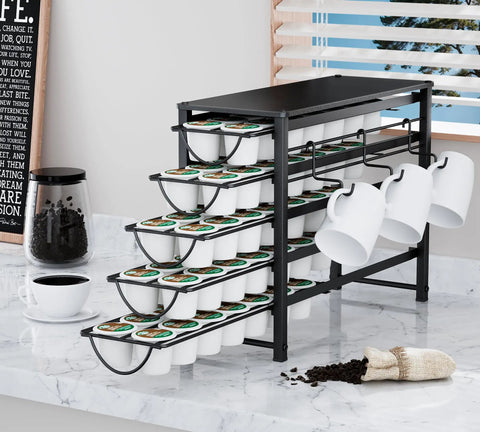 5 Tier Metal Coffee Pod Organizer Drawer Holds 70 K Cups, Countertop Storage For Home Office Or Cafe, Black Pod Holder With 3 Cup Rack