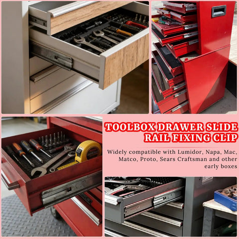 12 Pack Tool Box Drawer Slide Retaining Clips in tool chests, different views of heavy-duty double loop clips installed